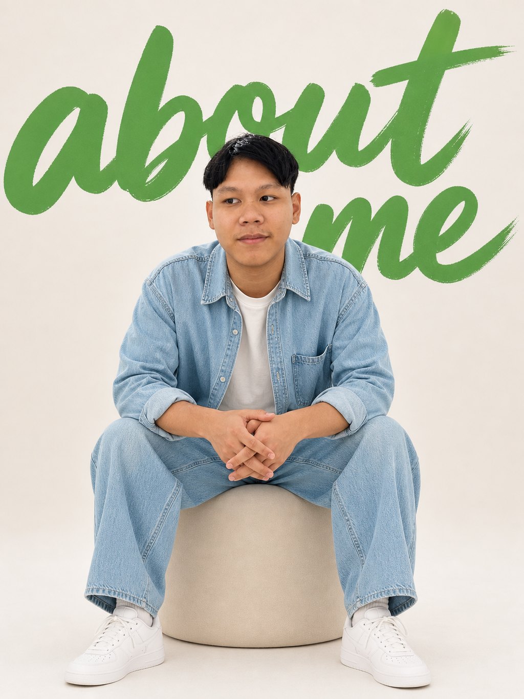 รูป AI ชุดยีนส์ นั่งบนสตูล มีตัวหนังสือ about me