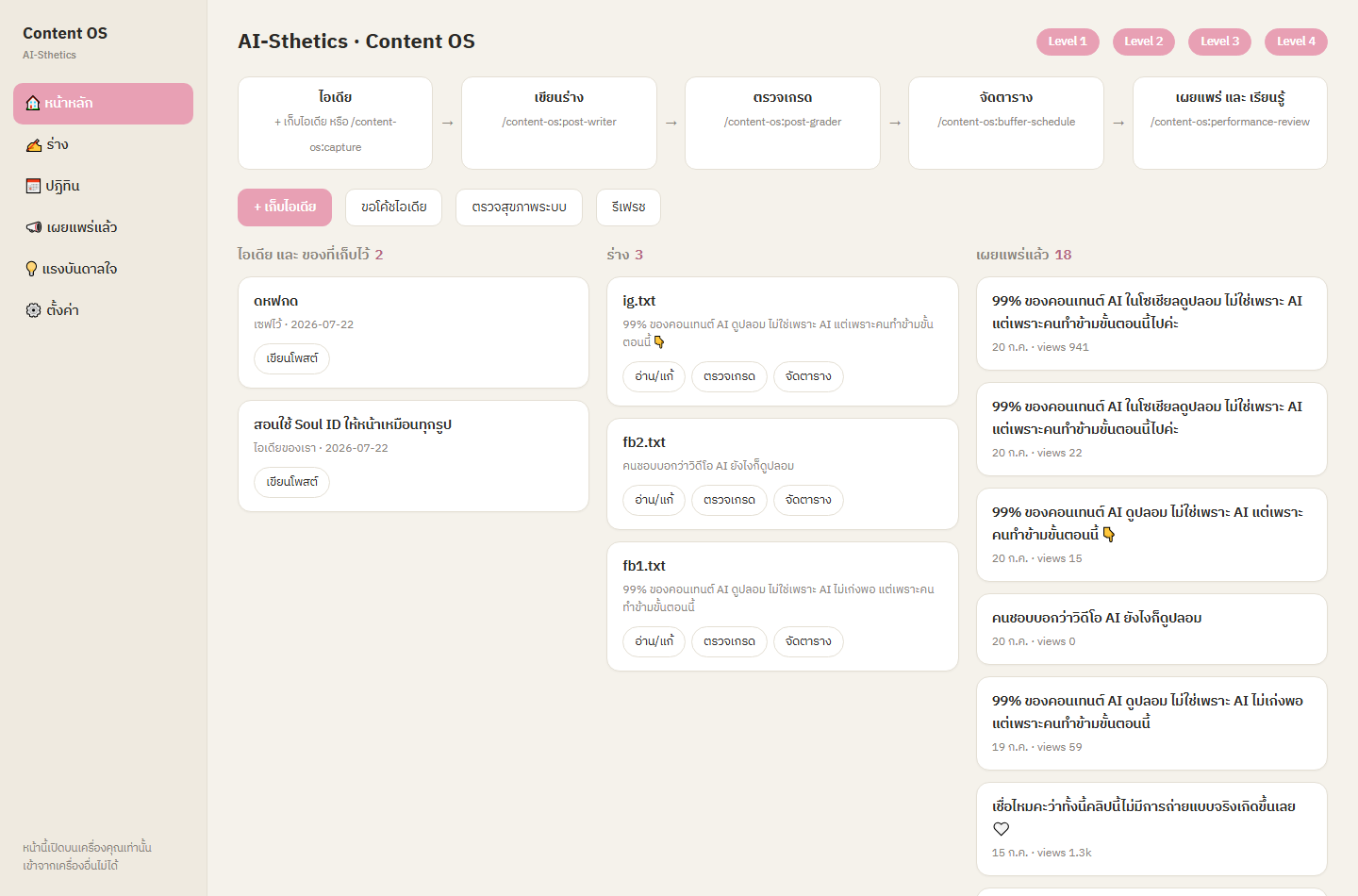 หน้าหลักของ Content OS: บอร์ดไอเดีย ร่าง เผยแพร่แล้ว