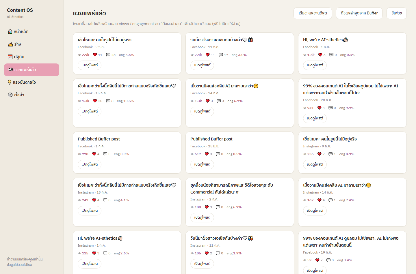 หน้าเผยแพร่แล้ว: ดึงยอด views และ engagement จากโพสต์จริง