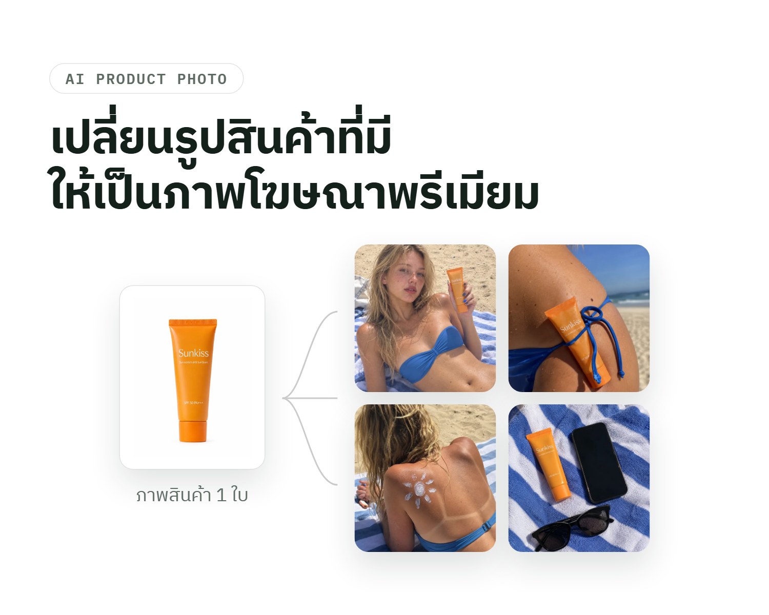 ภาพสินค้าครีมกันแดด 1 ใบ ต่อยอดเป็นภาพโฆษณาริมทะเล 4 แบบด้วย AI ตามวิธีที่สอนใน AI-sthetics